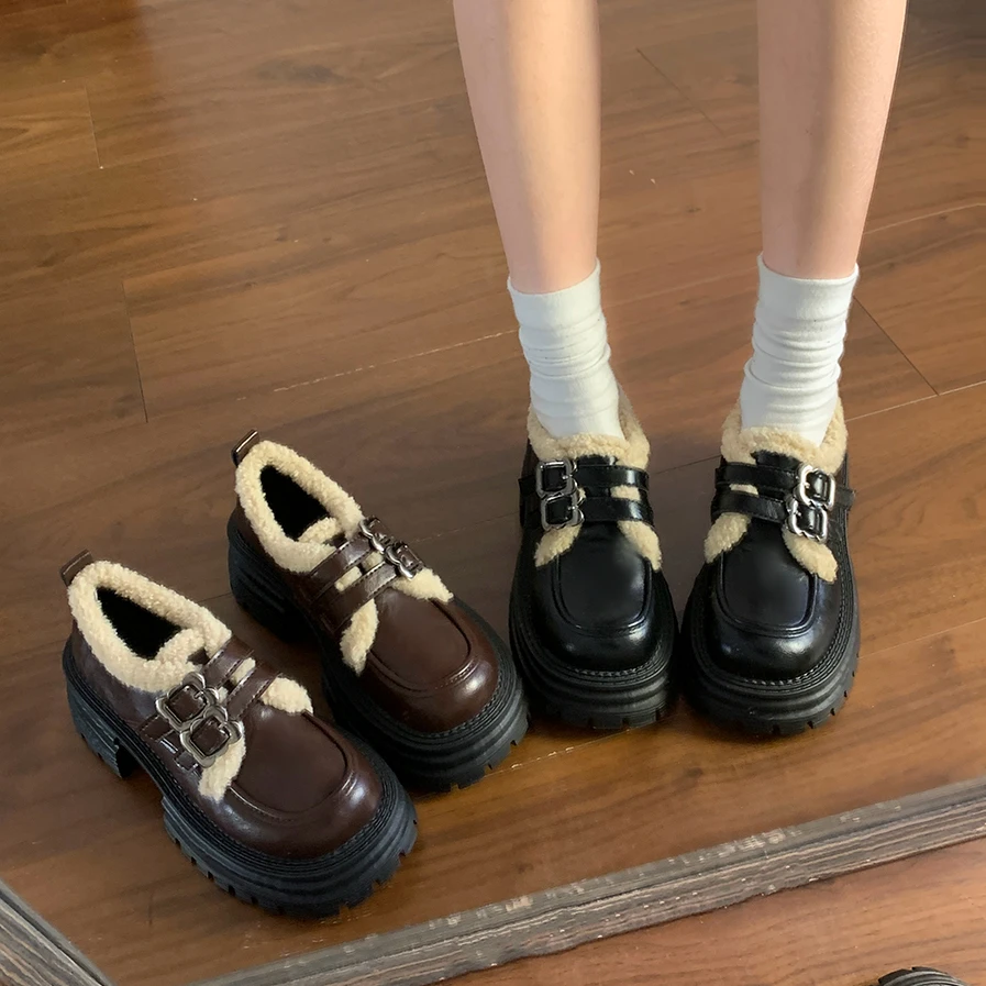 Женская обувь в стиле ретро сабо осенние лоферы на платформе с мехом оксфорды