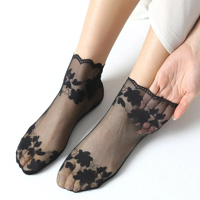 

Женские невидимые кружевные носки, тонкие женские кружевные носки-лодочки для девочек, ажурные Нескользящие прозрачные летние носки в стиле "Лолита"
