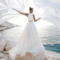 musetta halter beach wedding dresses chiffon sleeveless high split beach bridal gown belt a line court train