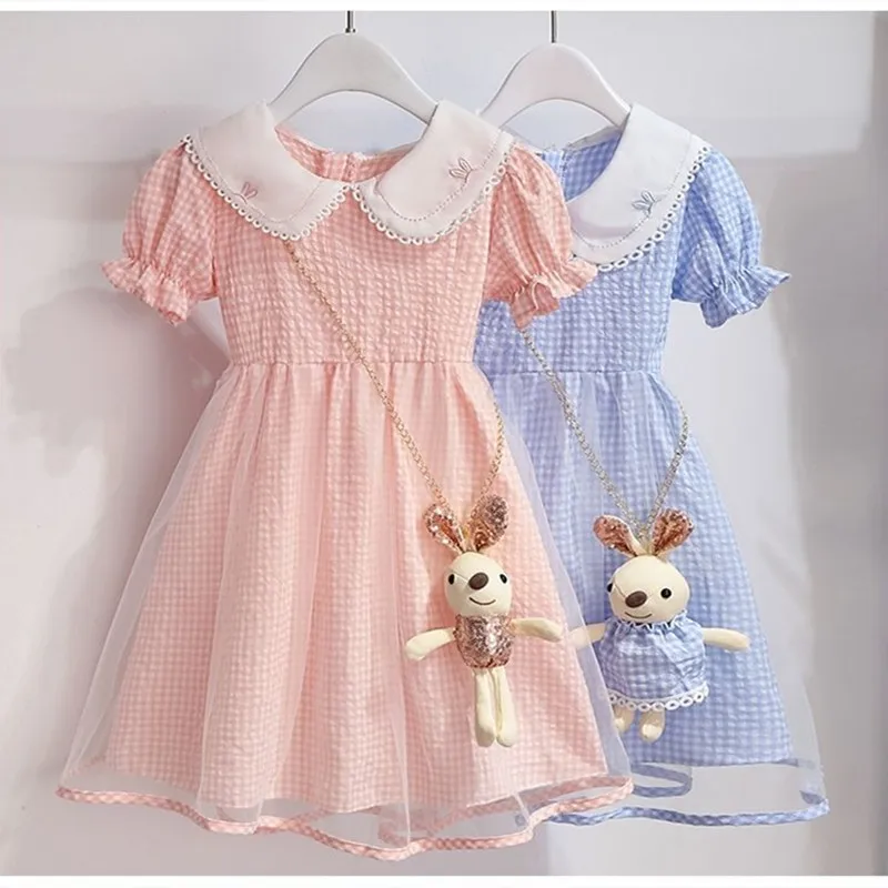 

Girls Summer Short Sleeve Dress 2023 New Children's Pink Dress Girls Doll Neck Plaid Princess Dress Summer Dress