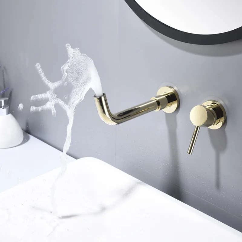 

Shiny Gold Wall Mounted Sink Faucet luxury Washbasin Mixer Nordic Style Brass Bathroom Faucet Rotate 360 degrees