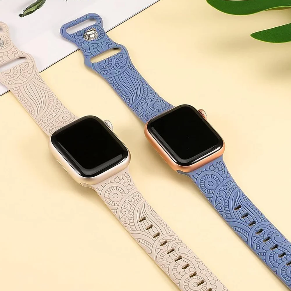 

Silicone Sport Band for Apple Watch 41mm 45mm 40mm 44mm Floral Engraved Strap for iWatch Series Ultra 2 49mm 9/8/7/6/5/4/3/SE