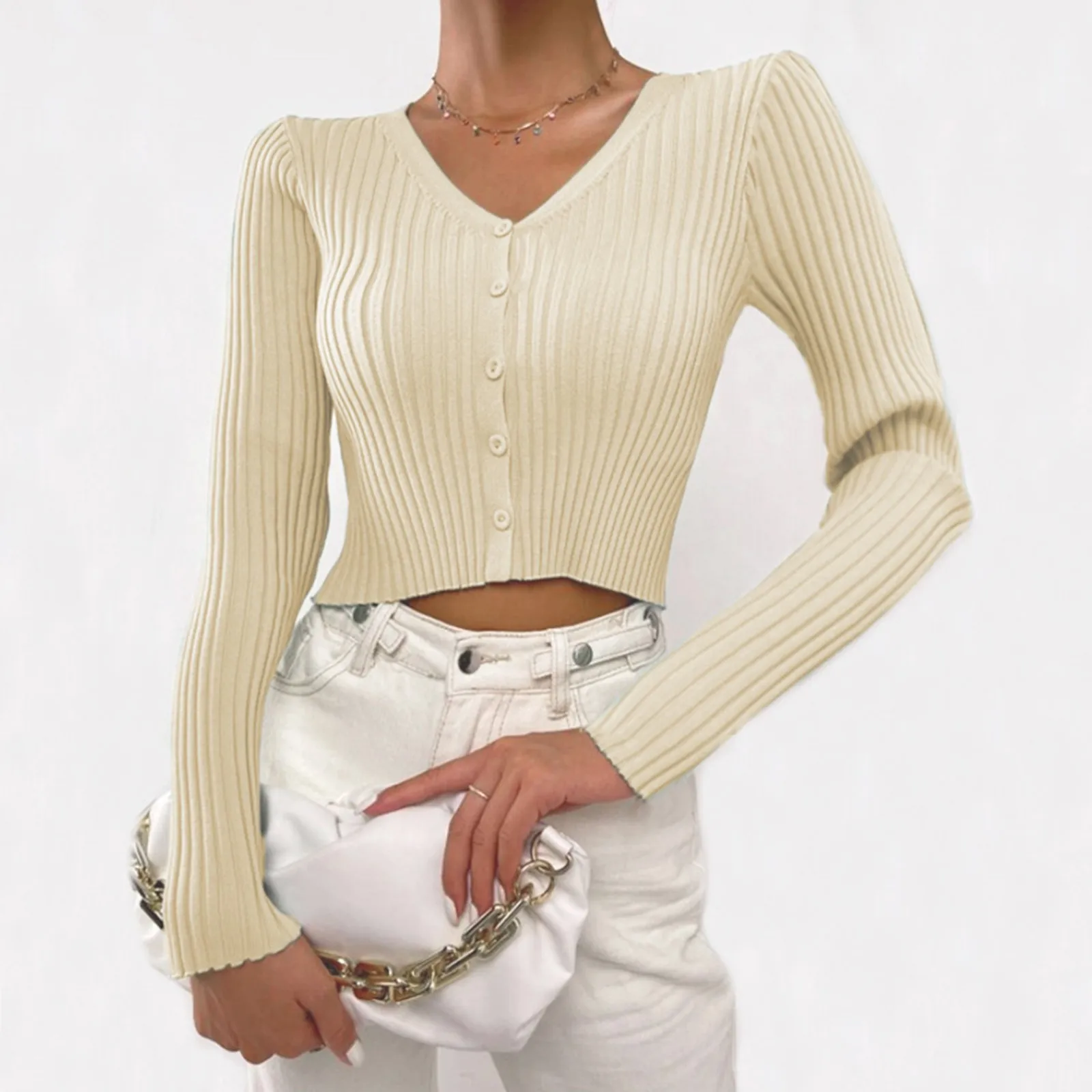 

Модный женский осенне-зимний вязаный свитер с длинным рукавом и V-образным вырезом, повседневный однотонный облегающий кардиган на пуговиц...