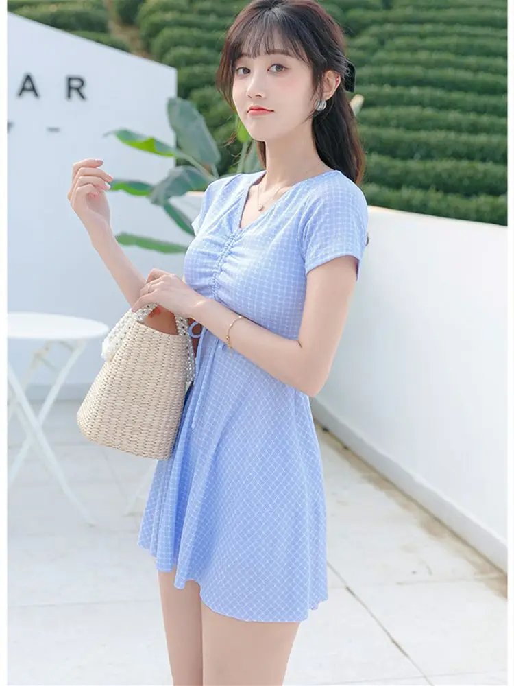 

Swimsuit Women Hot Spring Swimsuit Korean Fashion Hot Spring Skirt Two-piece Female Split Plaid Pattern Swimsuit Sexy Beach Wear