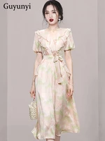 elegant party dress 2022 summer simple v neck flounced edge lantern sleeves fashion print comfortable temperament dress women