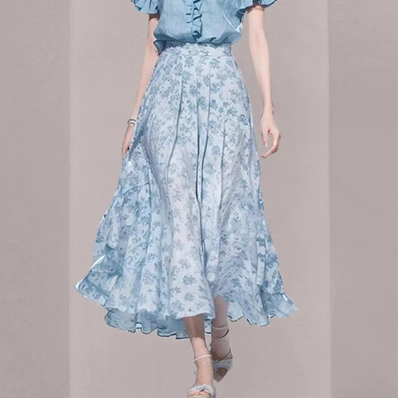 Женский костюм-двойка с принтом голубая рубашка и юбка высокой талией