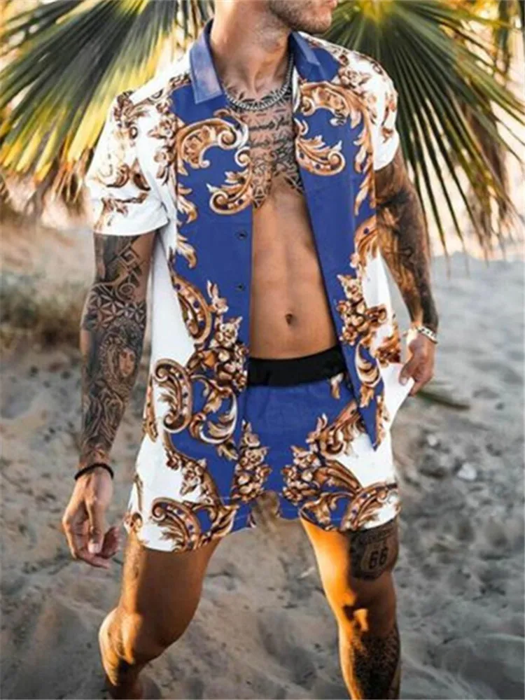 

Мужской костюм с гавайским принтом, гавайская рубашка с коротким рукавом и шорты, повседневный пляжный костюм из двух предметов, лето 2022