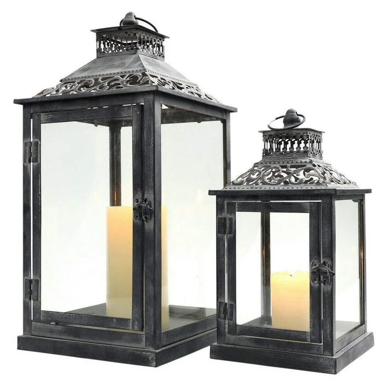 

Set of 2 Antique Grey Brush Decorative Lanterns Metal Candle Lanterns for Indoor Outdoor Events Paritie Weddings Vintage Style
