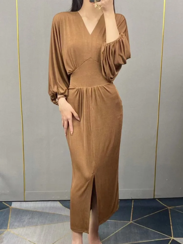 

Fashion New Elegant Casual French Style Midi Dress Women Solid Chic Vintage Party Birthday Robe Female Slim Vestidos Mujers