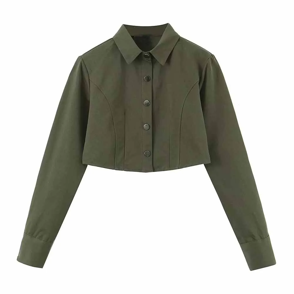 

TRAF WOMEN 2022 Fall/Winter New Solid Color Short Shirt Jacket Casual Long Sleeve Lapel Retro Female Volleyball Button Shirt