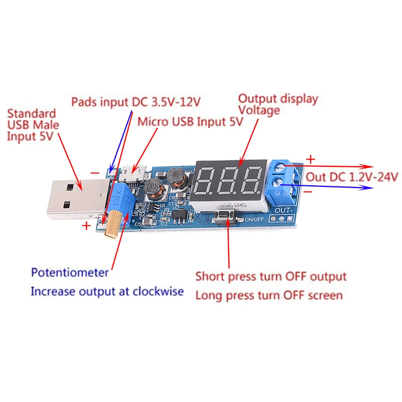 

DC 3.5-12V / 12V USB Step UP / Down Power Supply Module Adjustable Boost Buck Converter Out DC 1.2V-24V
