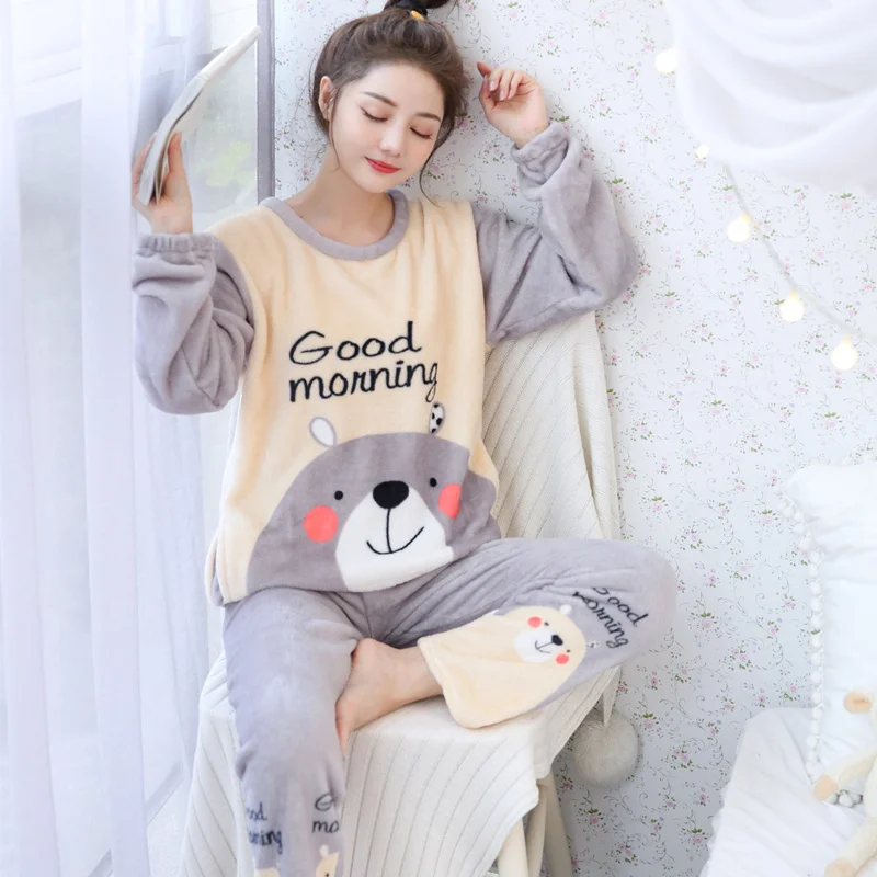 

New 2021 Autumn Winter Warm Flannel Women Pyjamas Sets Thick Coral Velvet Long Sleeve Cartoon Sleepwear Flannel Pajamas Set Girl