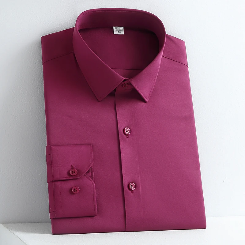 5xl Long Sleeve Elastic Male Formal Shirts Solid Regular Fit Business Men Dress Shirts without Front Pocket Stretch Quality New