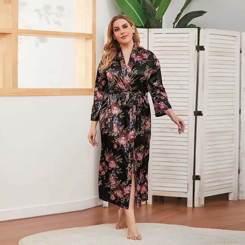 Kimono Robe Pajamas for Women Loose Long Sleeve Lace-up Morning Gown Floral Print Silk Robe Sleepwear Japanese Style