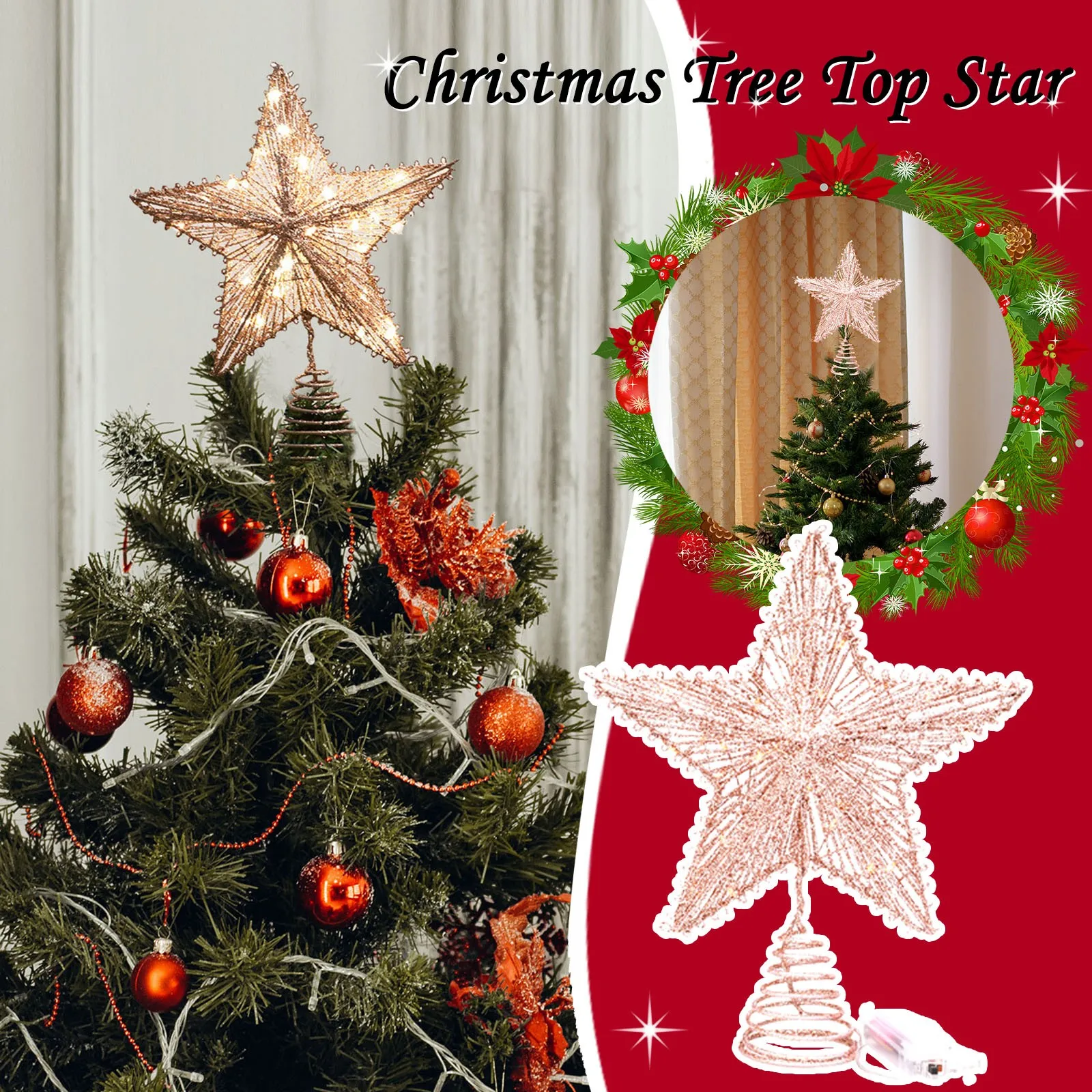 

Five-Pointed Star Top Christmas Three- Light With String Decoration Tree Hollow Home Decor Christmas Tree Lights Led Indoor