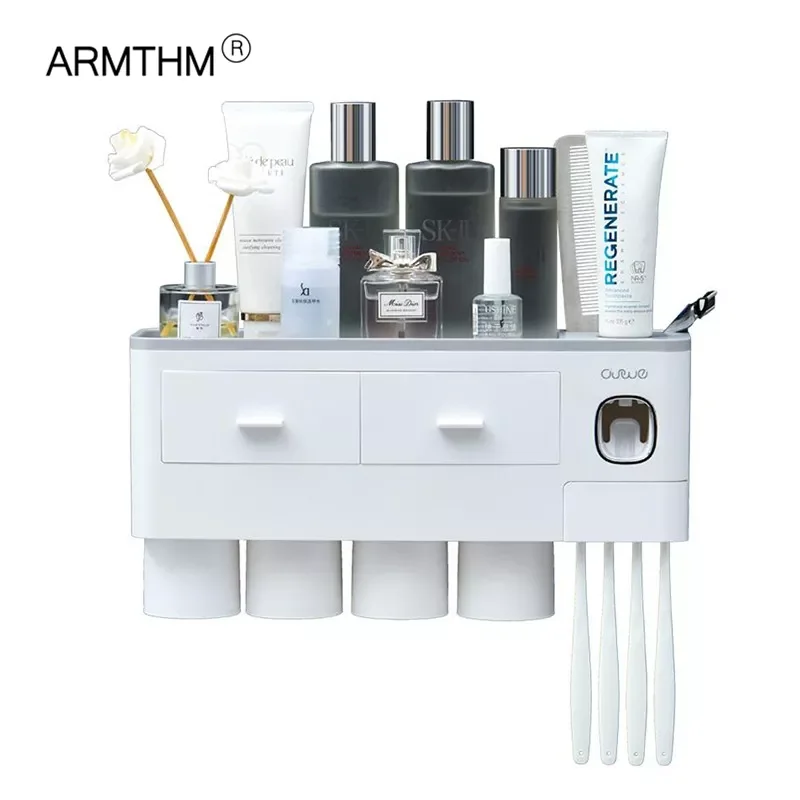 

NEW2023 Toothbrush Holder Wall Mount Adsorption Inverted Toothpaste Dispenser Makeup Storage Rack For Bathroom Accessories Set