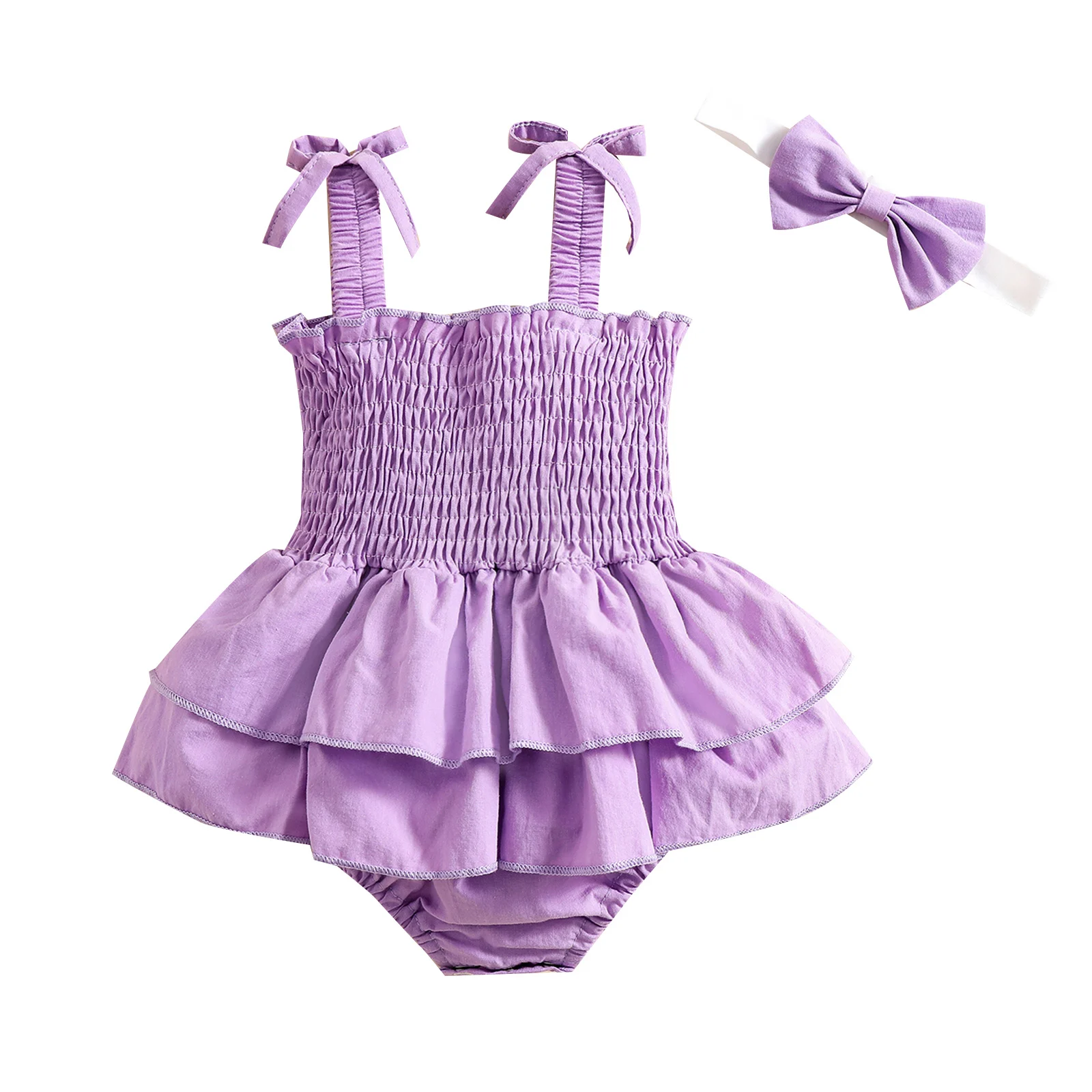 

Newborn Girl Sleeveless Romper + Bow Headband, Solid Color Ruffle Decoration Summer Clothing