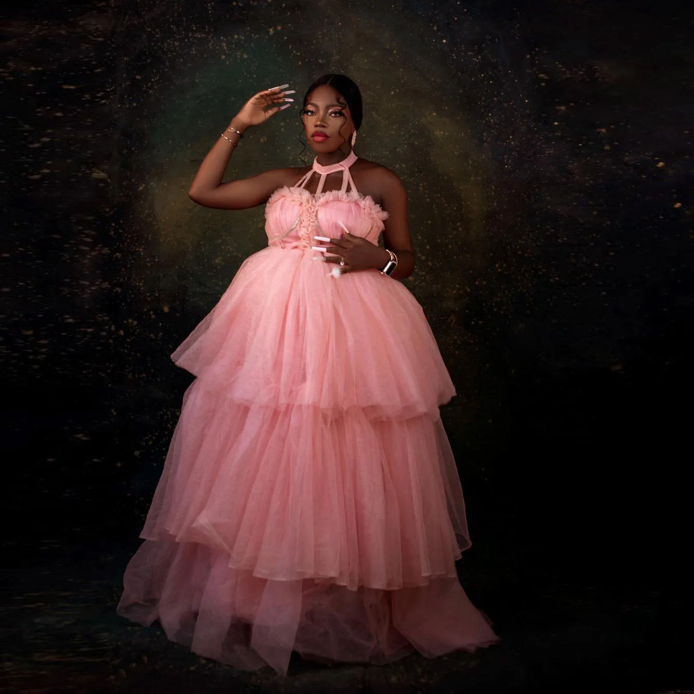 

High Quality Exquisite Pink A-Line Women Dress Halter Tulle Ruffle Layered Evening Dress Photography Prom Dress Custom Made