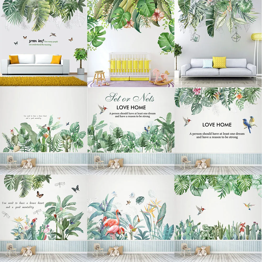 Скандинавские зеленые растения лист птица настенные буквы наклейки для гостиной