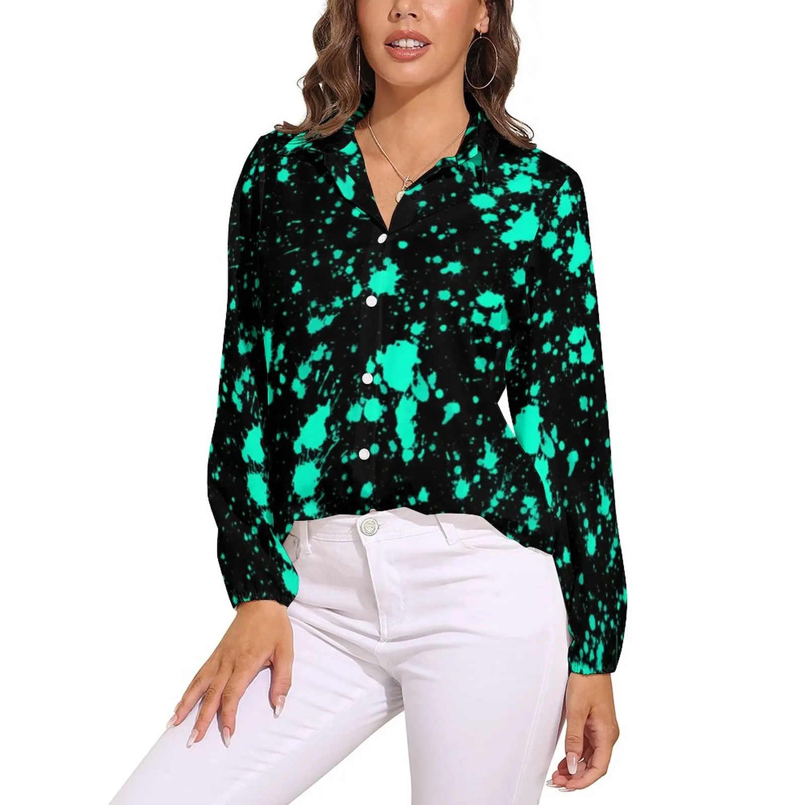 

Artistic Splash Loose Blouse Black Mint Paint Korean Fashion Oversize Blouses Long-Sleeve Aesthetic Shirts Summer Custom Top