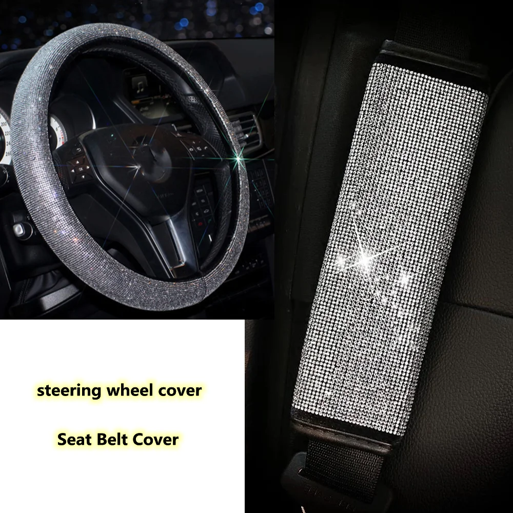 

Bling Bling Rhinestones Crystal Car Seat Belt Cover Shoulder Pads steering wheel cover Auto Interior Accessories