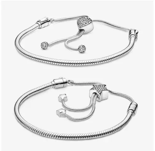 

925 Sterling Silver Moments Heart Clasp Star Snake Chain Slider Pan Bracelet Woman Jewelry Gift