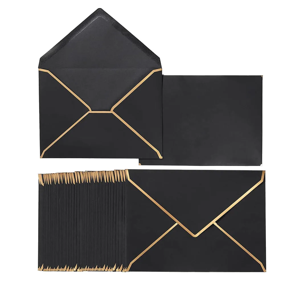 

100 Pack A7 Envelopes 5 x 7 Card Envelopes V Flap Envelopes with Gold Borders for Gift Cards, Invitations,(Black)