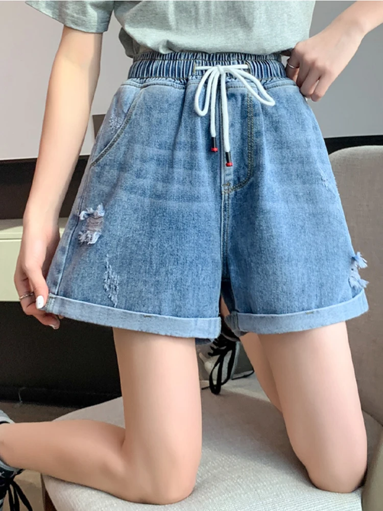 New Summer Women Wide Leg Elastic Waist Lace Up Blue Denim Shorts Streetwear Female Straight Jeans Shorts Bottoms