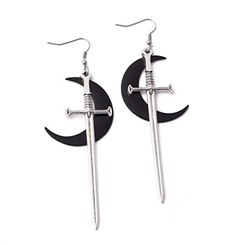 

Sword Black Moon Earrings Wizard Warrior Pagan Gothic Medieval Silver Classic Warrior Gift Ladies New Fashion