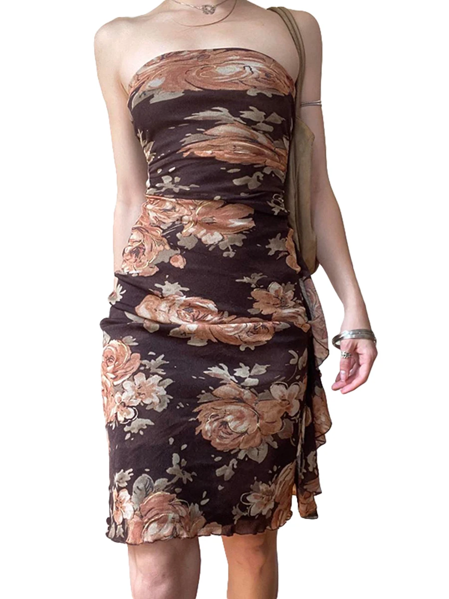 

Women Floral Bodycon Dress Sexy Off Shoulder Ruffles Dress Backless Cocktail Dress Club Party Short Dress