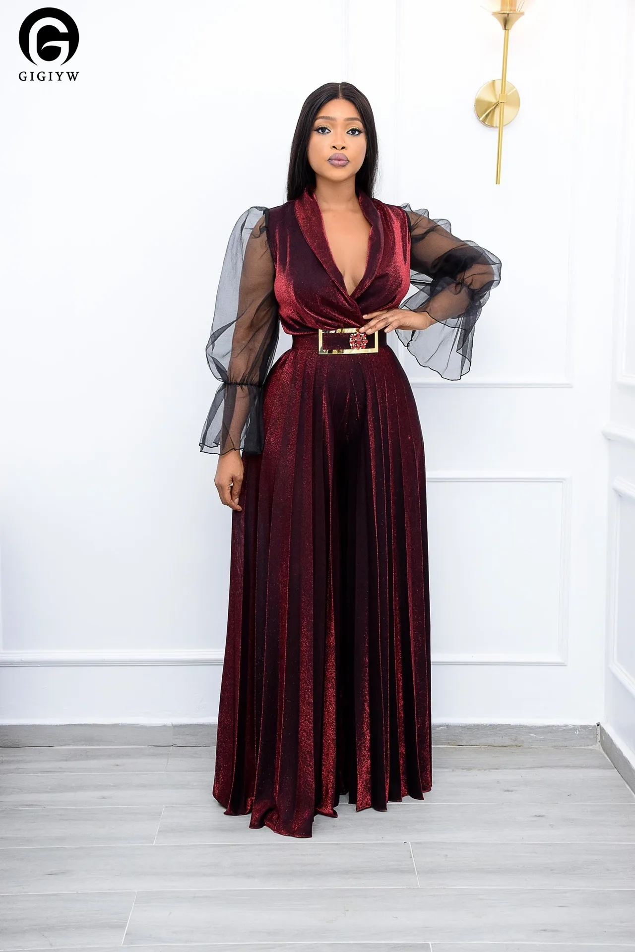 

Женский комбинезон с длинным рукавом GIGIYW, повседневный Свободный комбинезон с V-образным вырезом и широкими штанинами, плиссированное платье без пояса, весна-лето 2023