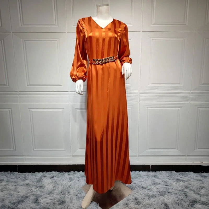 Satin Dress Abaya for Women Fashion V Neck Dubai Oman Moroccan Kaftan Muslim Party Evening Gown with Belt Jacquard Fabric Orange
