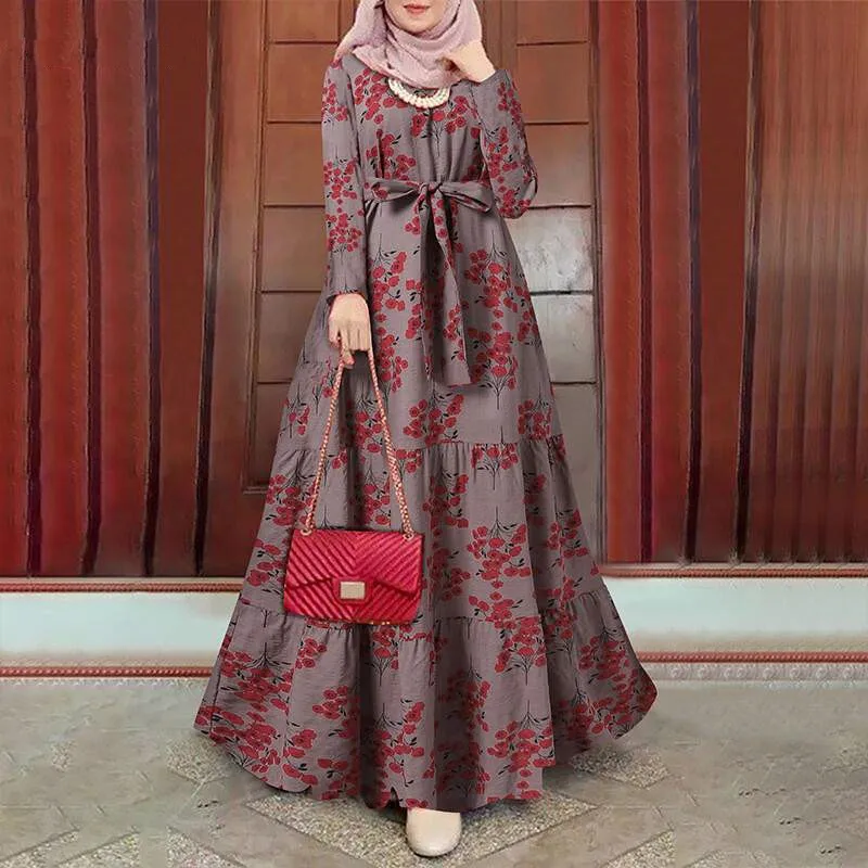 Kaftan Floral Muslim Dress  Women Sundress Printed Turkey Abaya Hijab Vestidos Female Autumn Robe Islam Clothing  جلابية