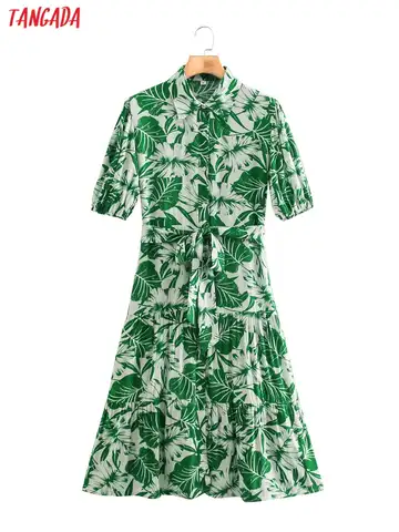 Платье-рубашка женское зеленое с цветочным принтом и коротким рукавом
