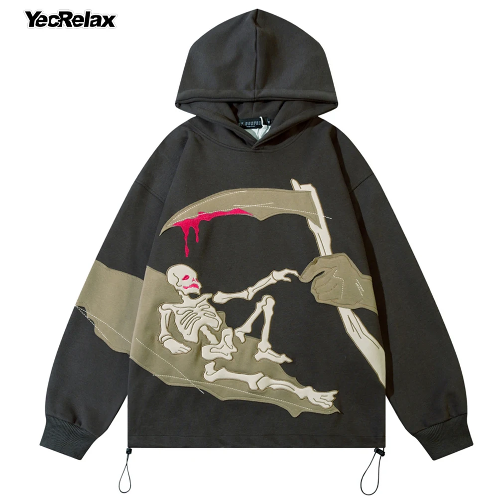 

Men Hip Hop Sweatshirt Autumn Winter Pullovers Streetwear Embroidered Patchwork Skull Scythe Hoodies Harajuku Cotton Punk Hoodie