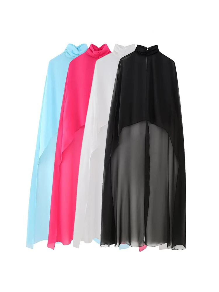 

TRAF Women Fashion Asymmetric Gauze Semi-sheer Cape Coat Vintage High Neck Back with Button Female Outerwear Chic Clothing Cloak