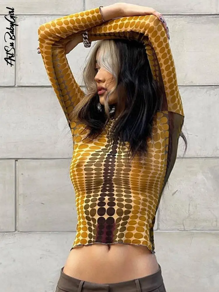 Y2K Top Long Sleeve T-Shirts Women Dot Print Graphic Tees Autumn Winter Clothes Streetwear O Neck Bodycon Yellow Crop Top