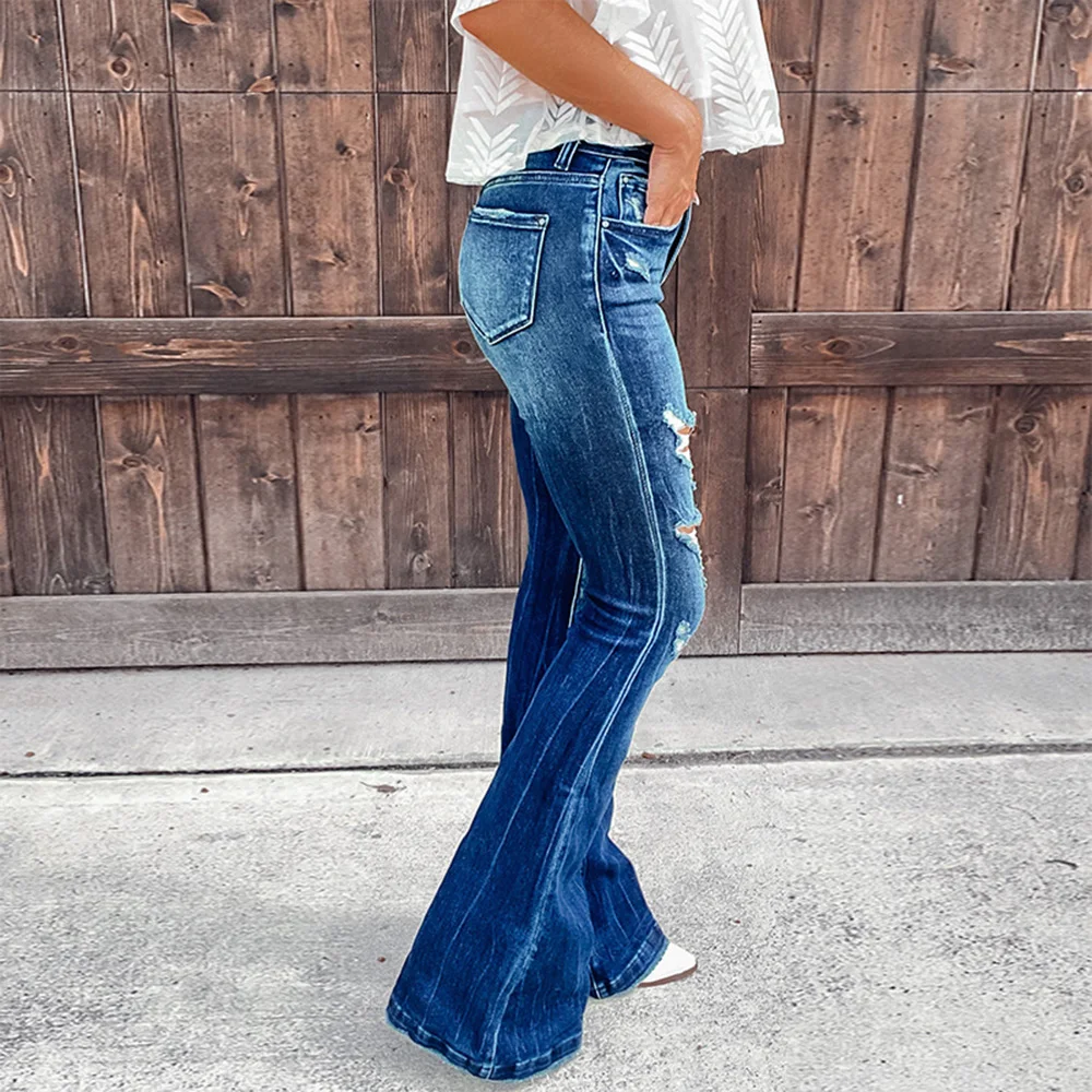 2023 Autumn New Women's Trousers High Waist Ripped Boot Cut Jeans Fashion Street Casual Long Denim Flared Pants S-2XL Drop Ship