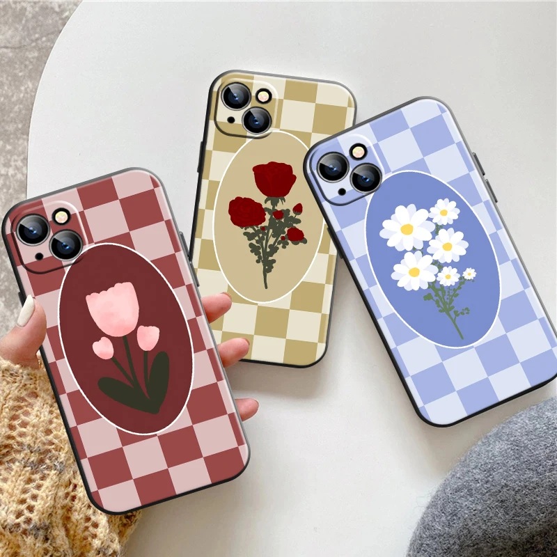 

Checkerboard Flower Fashion Phone Case For iPhone 13 11 Pro 12 Mini MAX X XR XS 8 7 Plus 6 6s SE 2020 Funda Coque Soft Carcasa