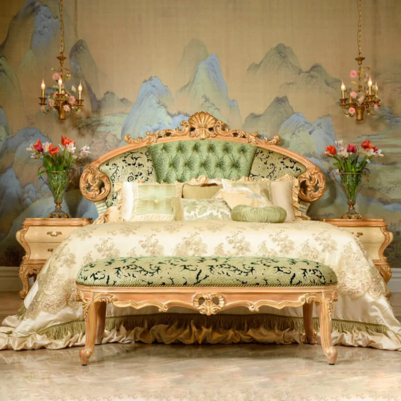 

Итальянская Роскошная тканевая кровать в европейском стиле из цельной древесины, двухспальная кровать, вилла, спальня, кровать принцессы на заказ