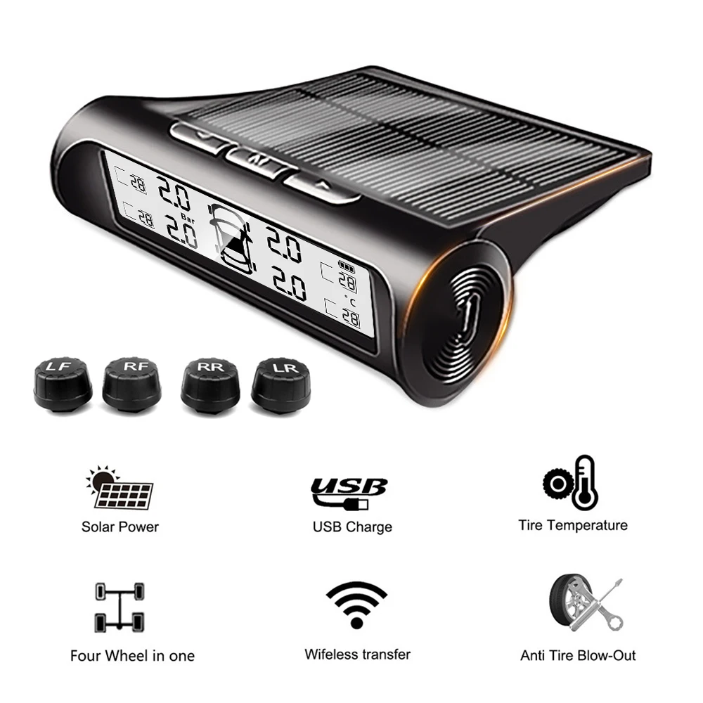 

Smart Tpms Автомобильный монитор давления в шинах, охранная сигнализация, 4-сенсорный дисплей, солнечный интеллектуальный датчик температуры в шинах, предупреждение
