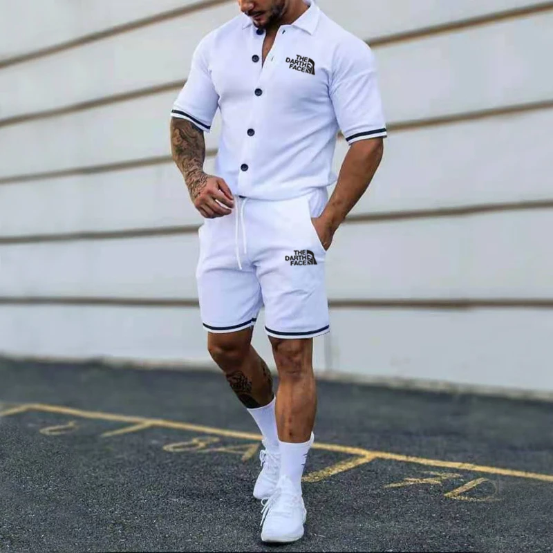 Summer men's new solid color lapel button-down sports short-sleeved shorts suit men's fashion casual brand suit