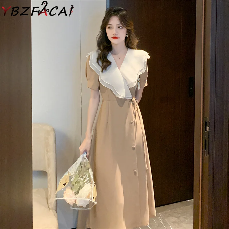 

Женское элегантное платье в стиле ретро, французское длинное платье с V-образным вырезом, рукавами-фонариками и оборками, тонкое празднично...