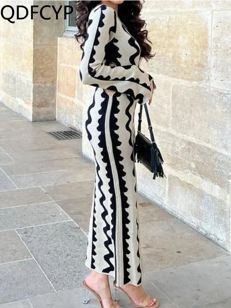 

New Autumn and Winter Women Dress Elegant Wave High Waist Skirt Office Lady Sexy Soft Warm Slim Fit Hollow Knitwears dress 2023