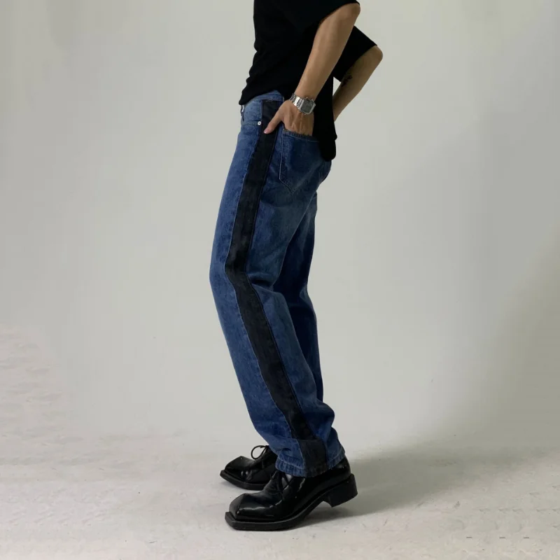 Jeans men's straight loose wide legs are thin and tall Korean version of retro trousers Hong Kong style contrast color Casual