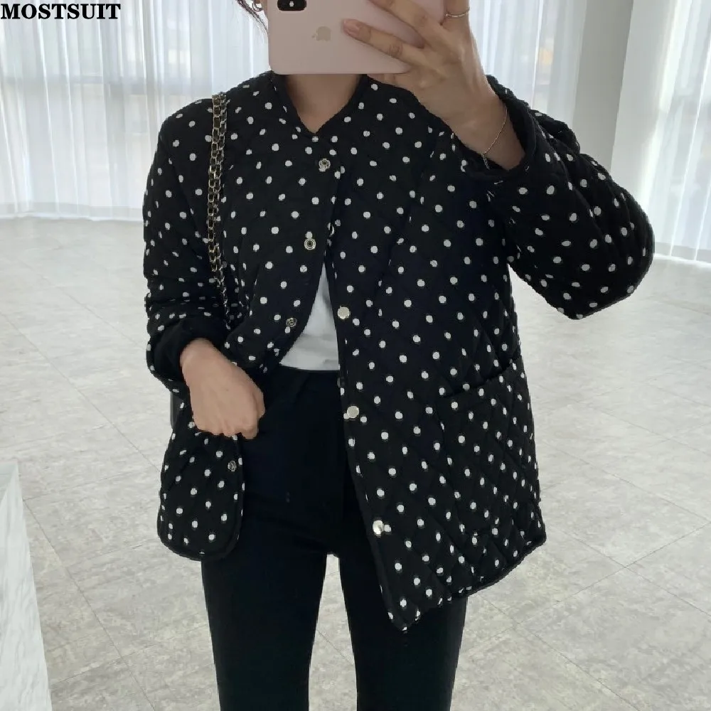 

Женская Стеганая куртка в горошек, с длинным рукавом и круглым вырезом