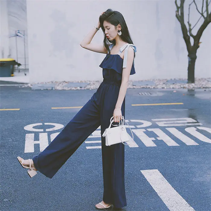 

Women 2022 Summer Casual Fashion Party Jumpsuit Female Elegant Loose Wide Leg Romper Overall Lady Sleeveless Strap Playsuit K45