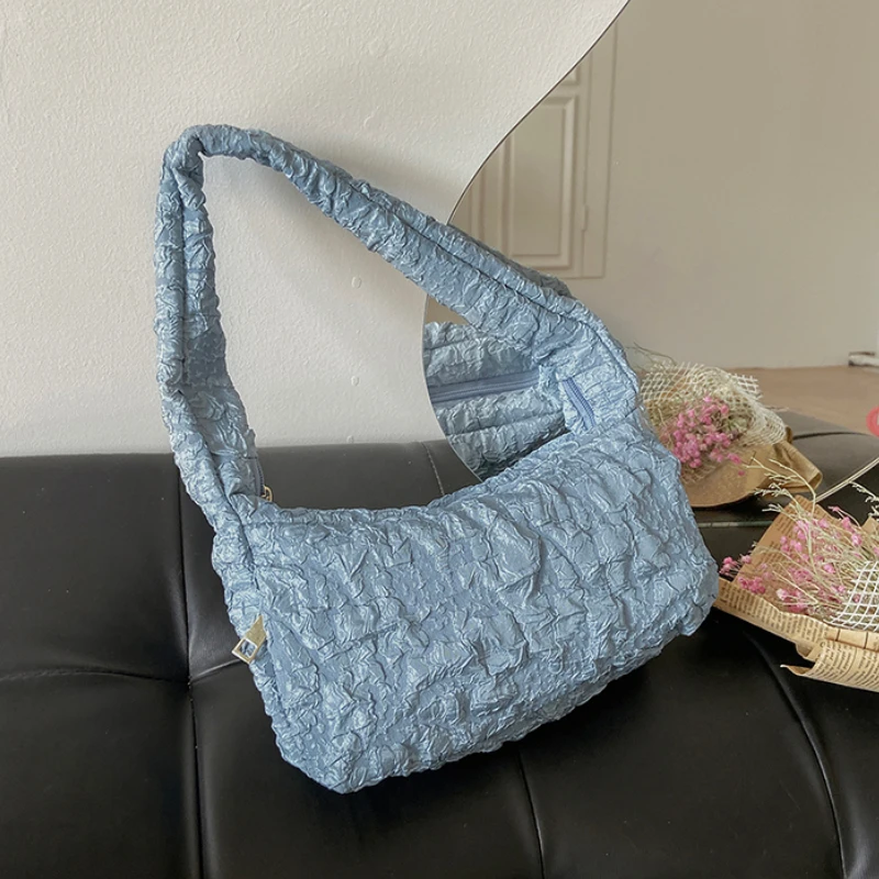 

Retro Pleated Design Nylon Quilted Female Underarm Shoulder Bag 2022 Women Brand Simple Ladies Handbag Solid Color Female Purse