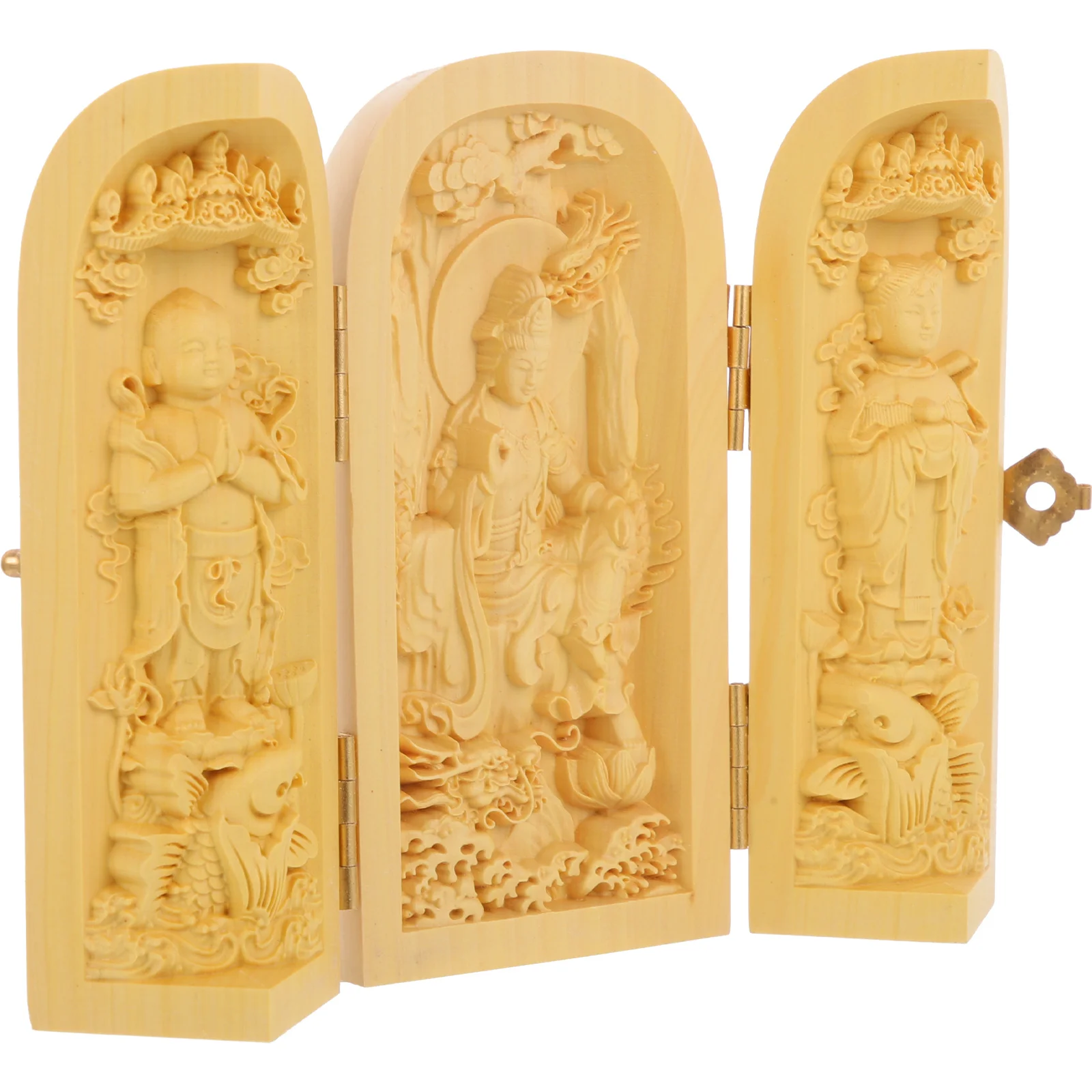 

Statues Wooden Box Guanyin Figurines Statue Carving Sculpture Open Boxwood Buddism Godness Ornament Wood Crafts Figurine