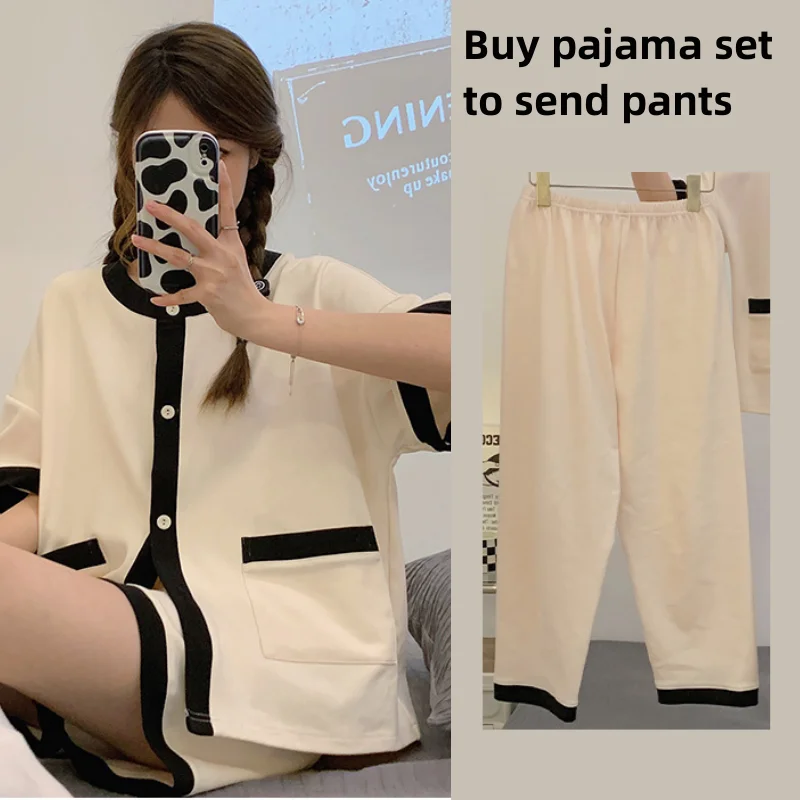 Yasuk Spring Autumn Summer Women's Casual Soft Cotton Sleepwear Pajamas Set With Long Short Pants Splicing Simple Sweet Girl 3Pc